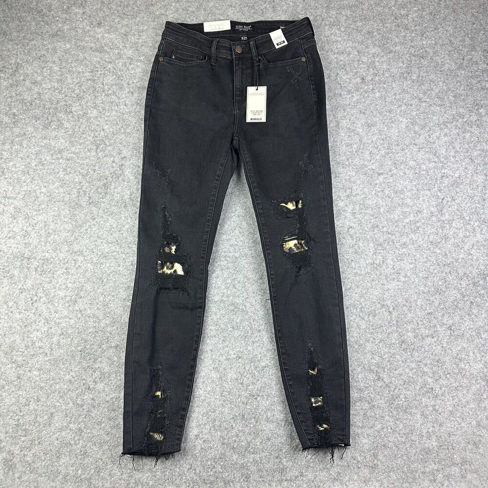 Judy Blue Jeans Womens 5 27 Black Distressed Skinny Leopard Patch Stretch NEW